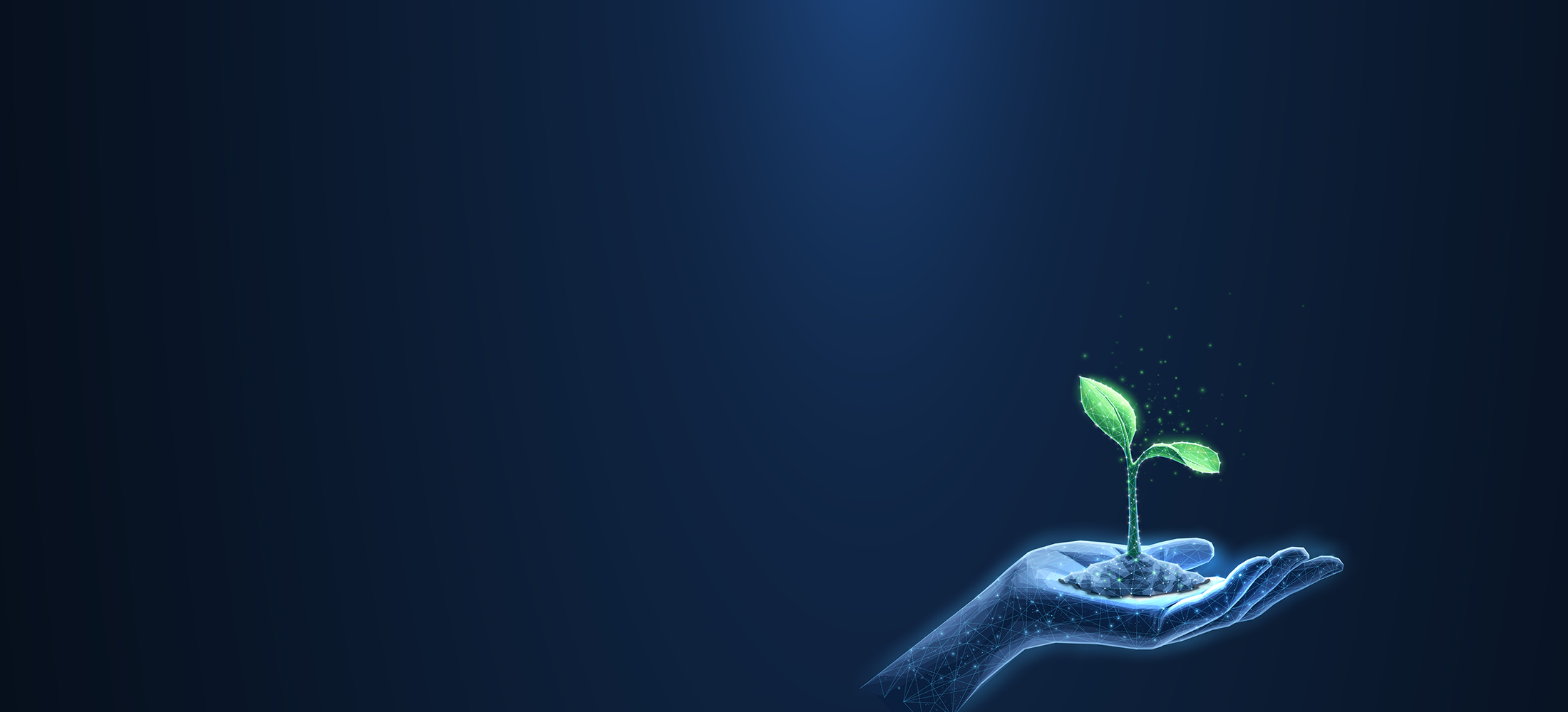 Blue hand holding green seedling