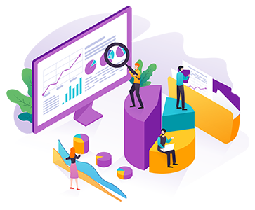 Four people sitting and standing on platforms, looking at screens and paperwork