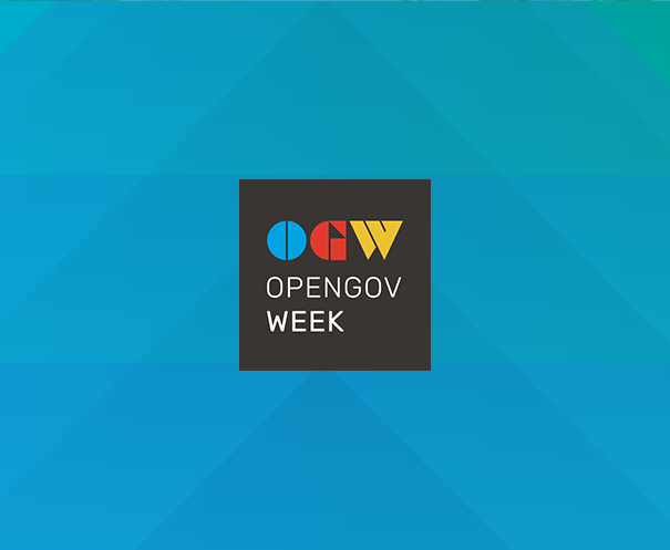 Blue and green abstract shapes with Open Government Week logo